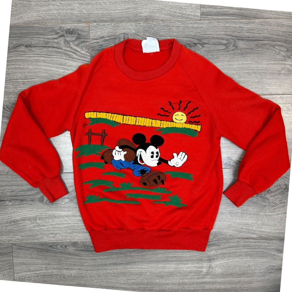 RARE 80s Sunday Comics Mickey‎ Mouse Football Crewneck L Made in Korea Red